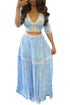 Sexy Blue Lace Trim Half Sleeve Floral Print Skirt Set